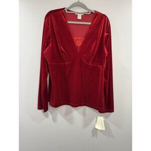 Notations Women’s Large Red Velvet Blouse Lace Trim Long Sleeve V-Neck Vamp
